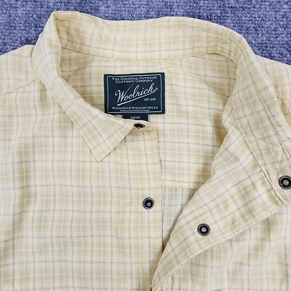 Woolrich Shirt Mens XL Yellow Plaid Seersucker Snap Front Button Hiking Pocket - Picture 1 of 16